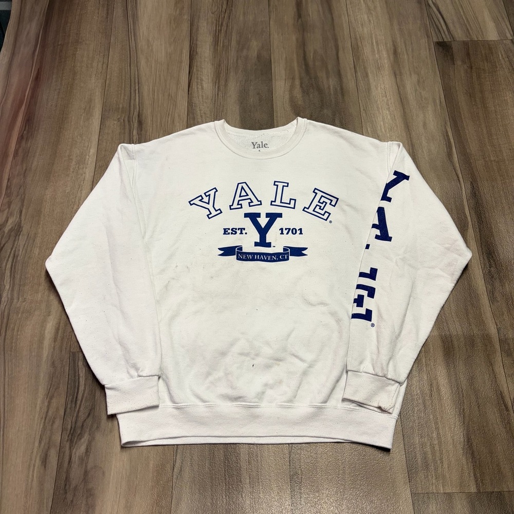 Yale University Crewneck Sweatshirt White Navy Blue Graphic Large New Haven CT